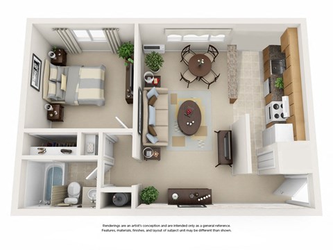 Floor plan for 1 bed, 1 bath, 630 sqft
